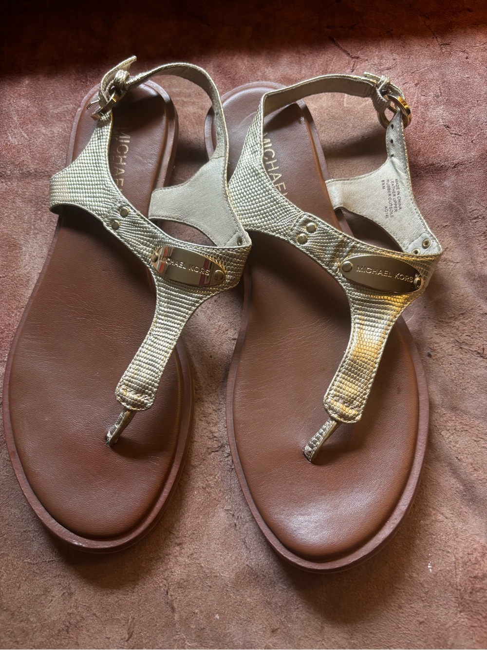 Michael Kors Metallic Gold T-Strap Brown Footbed Sandals